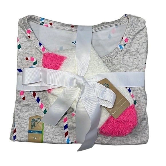 Thereabouts Girls Christmas PJs Pajama & Sock Set NWT Candy Cane Grey Size 12 - Picture 1 of 14